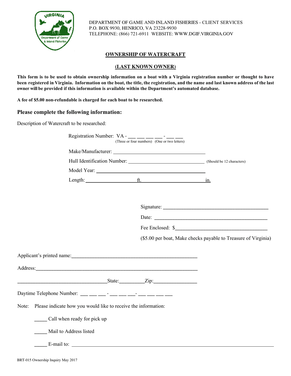 Form BRT-015 Ownership of Watercraft (Last Known Owner) - Virginia, Page 1