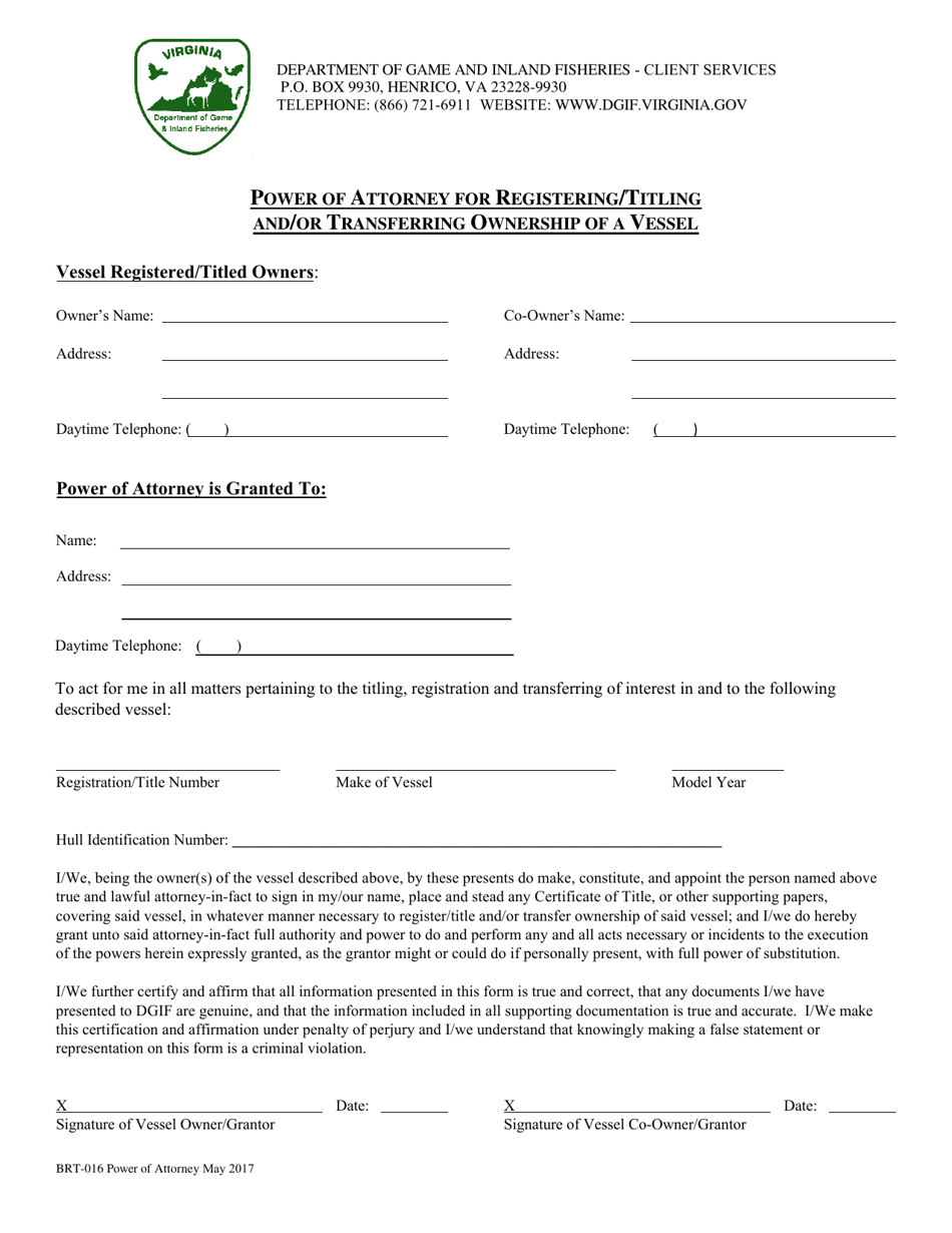 Form BRT-016 Power of Attorney for Registering / Titling and / or Transferring Ownership of a Vessel - Virginia, Page 1
