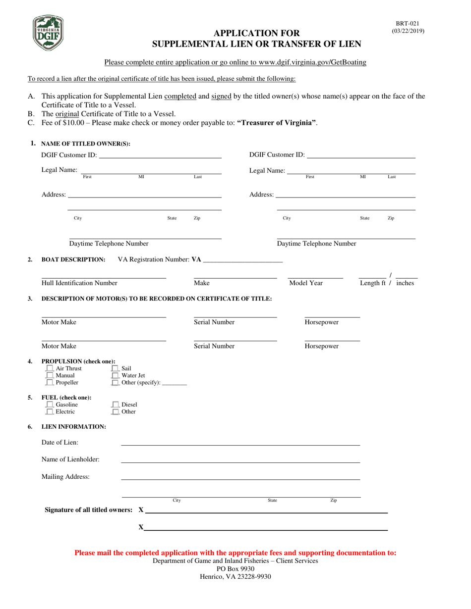 Form BRT-021 Application for Supplemental Lien or Transfer of Lien - Virginia, Page 1
