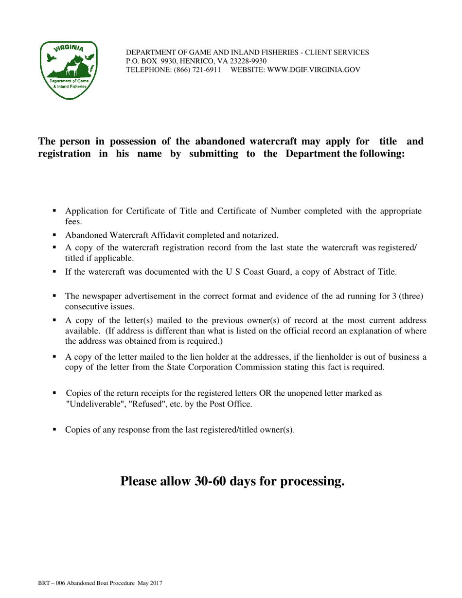 Form BRT-006 Transfer of Abandoned Boat - Virginia, Page 6