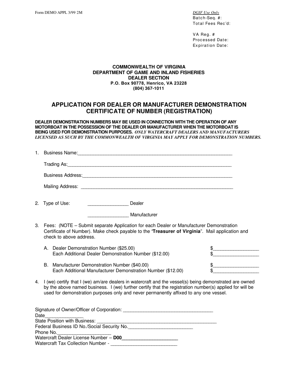 Form DEMO APPL Application for Dealer or Manufacturer Demonstration Certificate of Number (Registration) - Virginia, Page 2