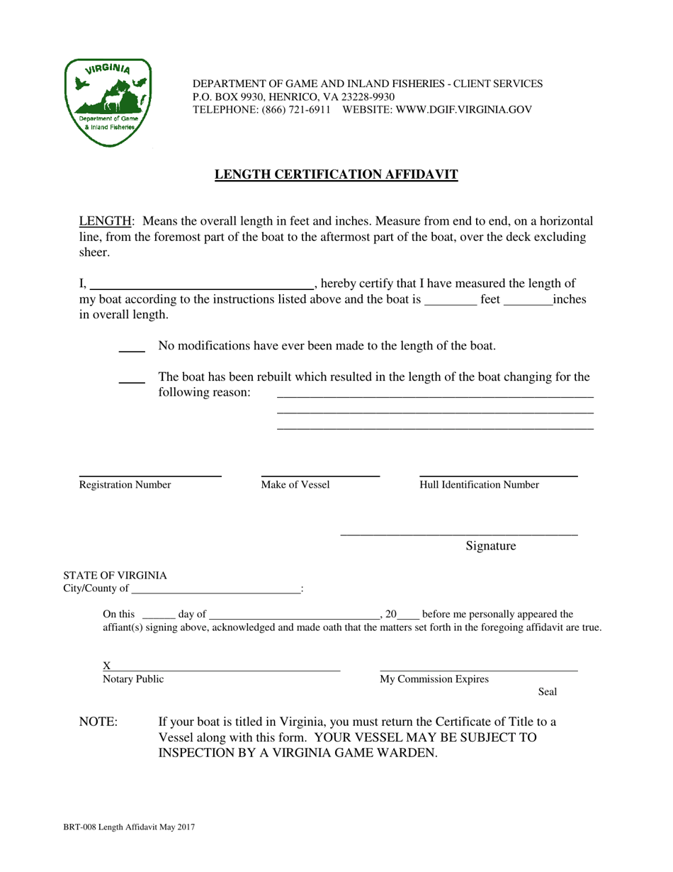 Form BRT-008 Length Certification Affidavit - Virginia, Page 1