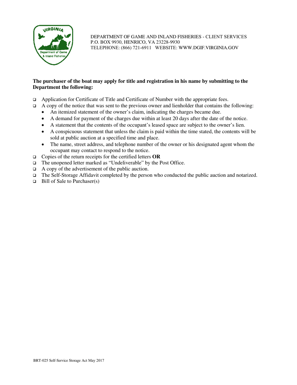 Form BRT-025 Affidavit of Compliance for Enforcement of Virginias Self-service Storage Act - Virginia, Page 2