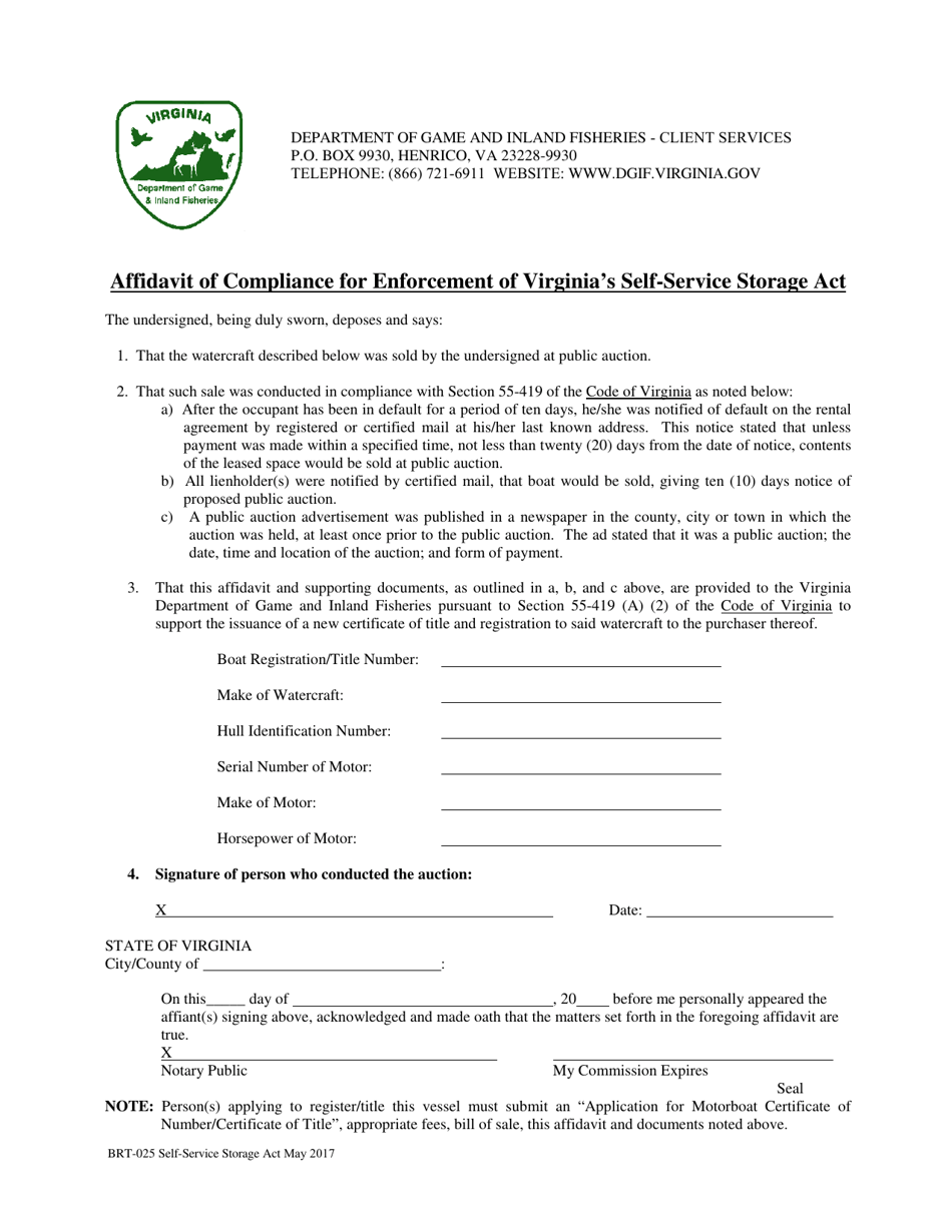Form BRT-025 Affidavit of Compliance for Enforcement of Virginias Self-service Storage Act - Virginia, Page 3