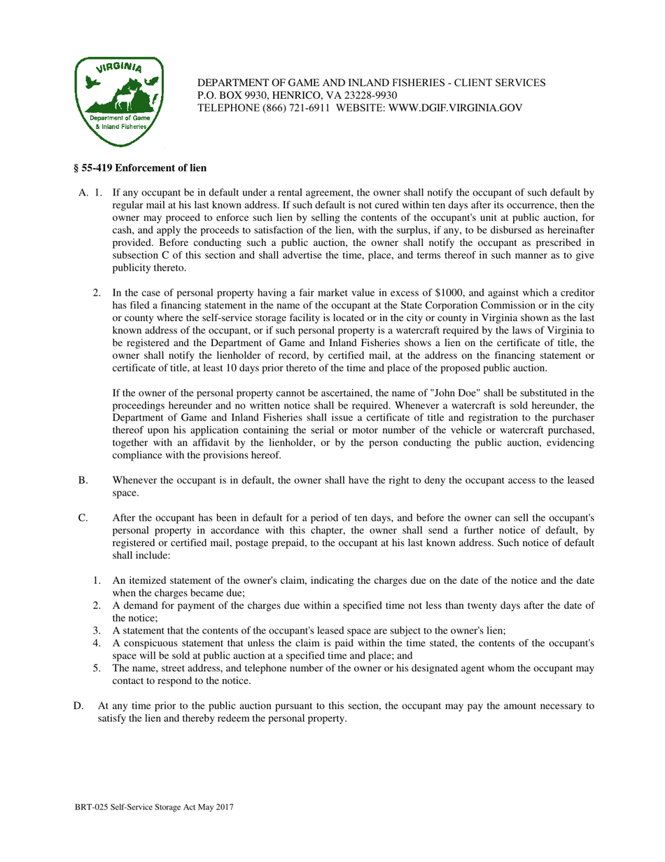 Form BRT-025 Affidavit of Compliance for Enforcement of Virginias Self-service Storage Act - Virginia, Page 5