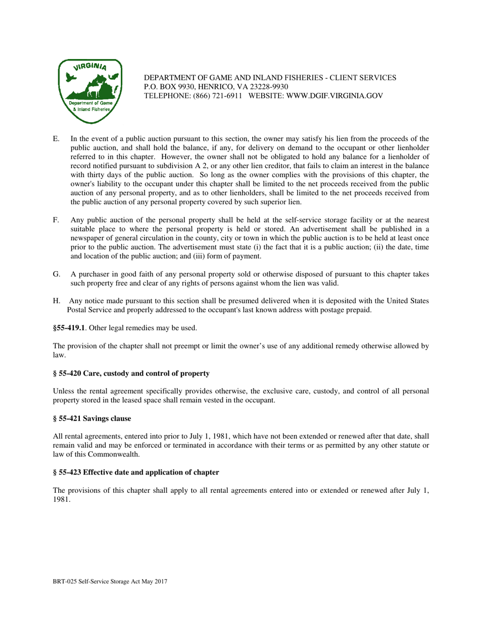 Form BRT-025 Affidavit of Compliance for Enforcement of Virginias Self-service Storage Act - Virginia, Page 6