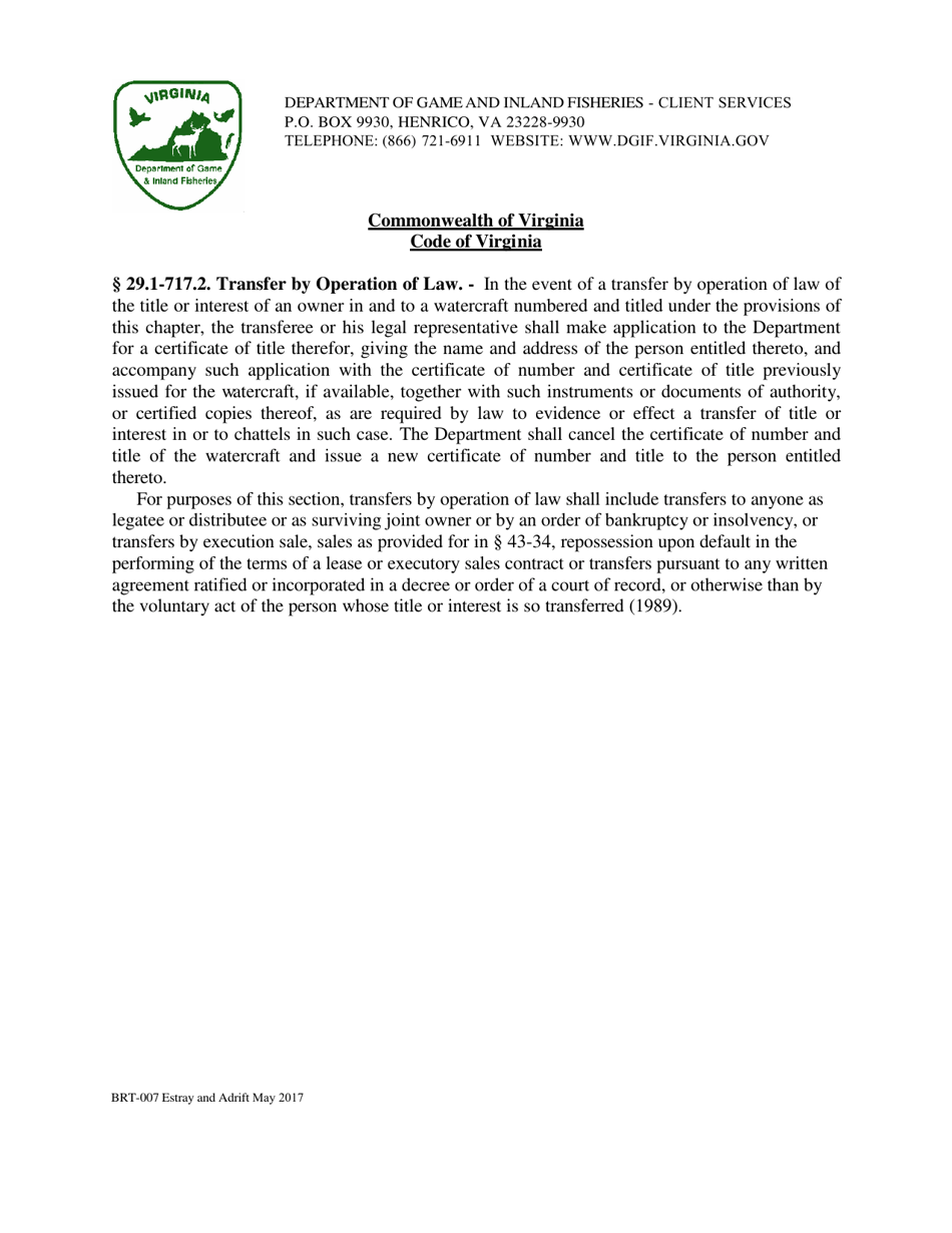 Form BRT-007 Transfer of Boats Found Estray and Adrift - Virginia, Page 5