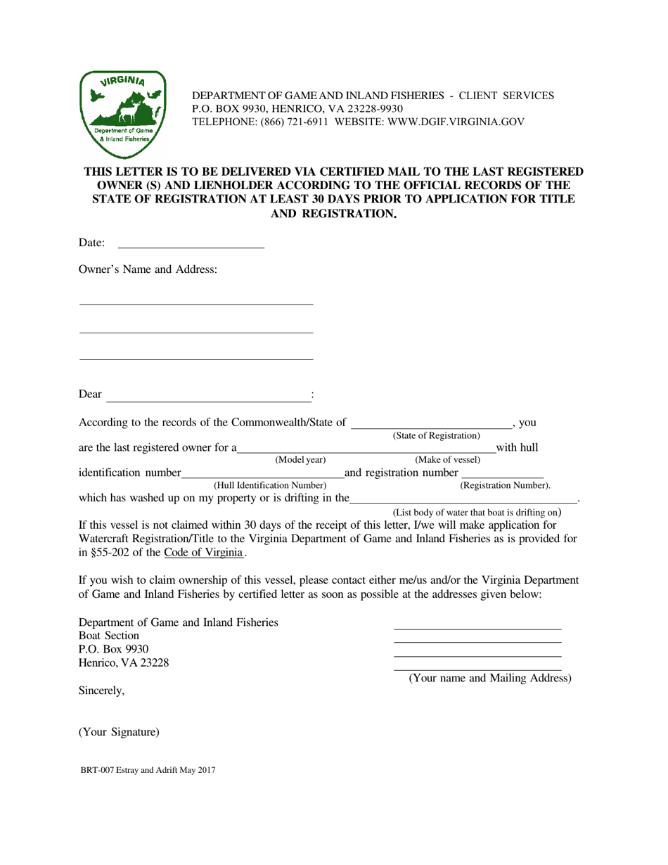 Form BRT-007 Transfer of Boats Found Estray and Adrift - Virginia, Page 6