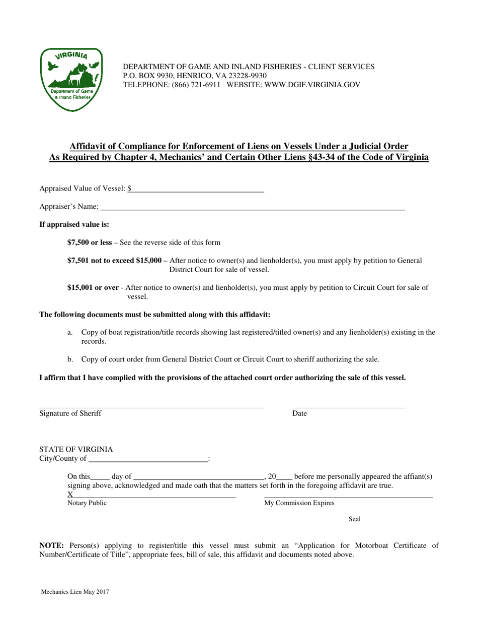 Affidavit of Compliance for Enforcement of Liens on Vessels as Required by Chapter 4, Mechanics and Certain Other Liens 43-34 of the Code of Virginia - Virginia, Page 5