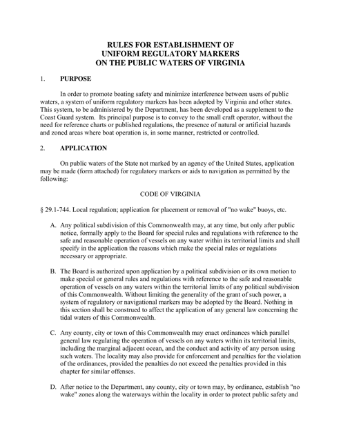 Application for Establishment of Regulatory Markers on Public Waters of Virginia - Virginia Download Pdf