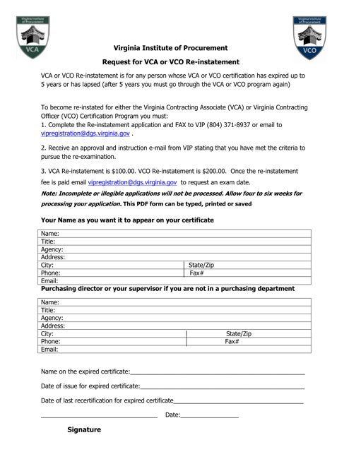 Request for Vca or Vco Re-instatement - Virginia Download Pdf