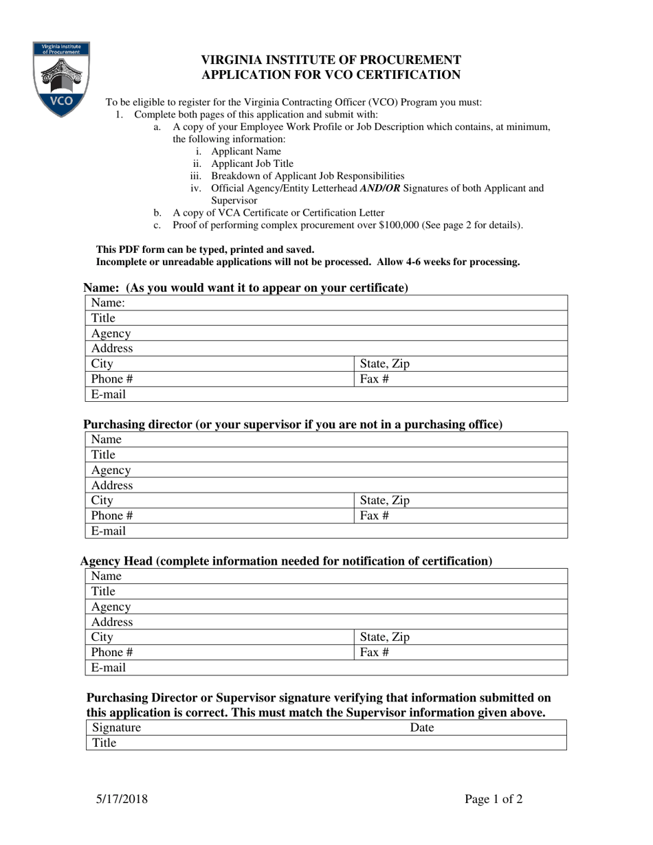 Application for Vco Certification - Virginia, Page 1