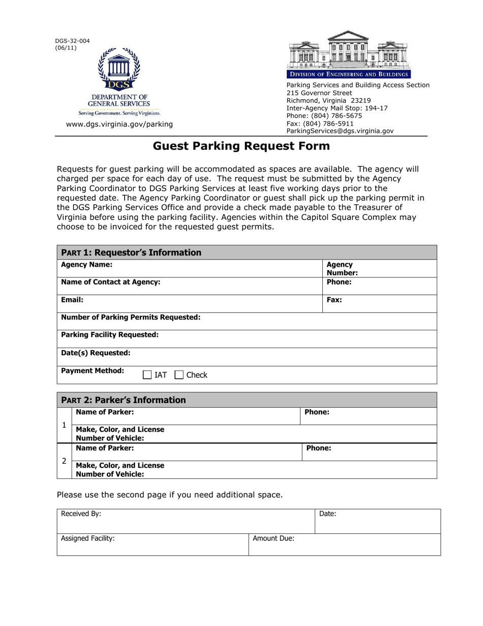 Form DGS-32-004 Guest Parking Request Form - Virginia, Page 1