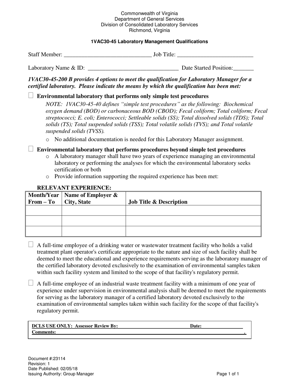 Form 23114 1vac30-45 Laboratory Management Qualifications - Virginia, Page 1