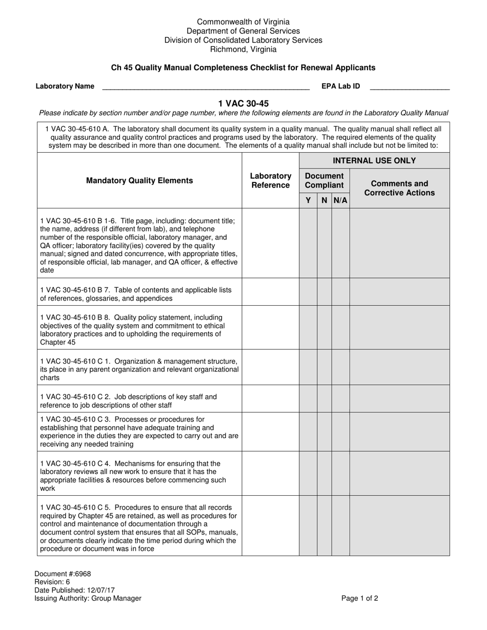 Form 6968 Chapter 45 Quality Manual Completeness Checklist for Renewal Applicants - Virginia, Page 1