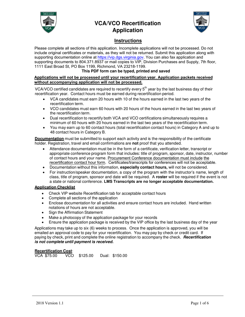 Vca / Vco Recertification Application Form - Virginia, Page 1