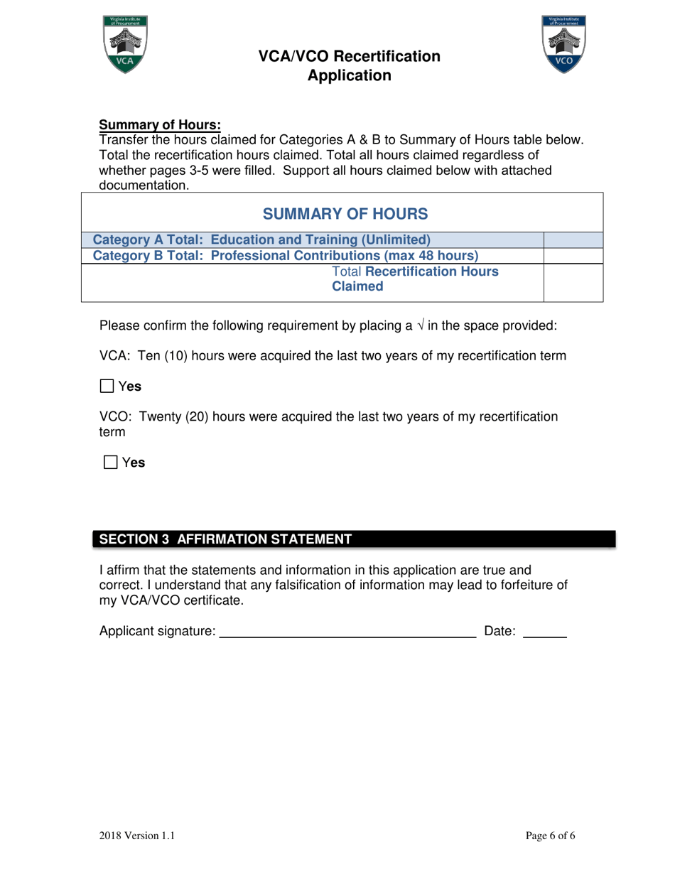 Vca / Vco Recertification Application Form - Virginia, Page 6