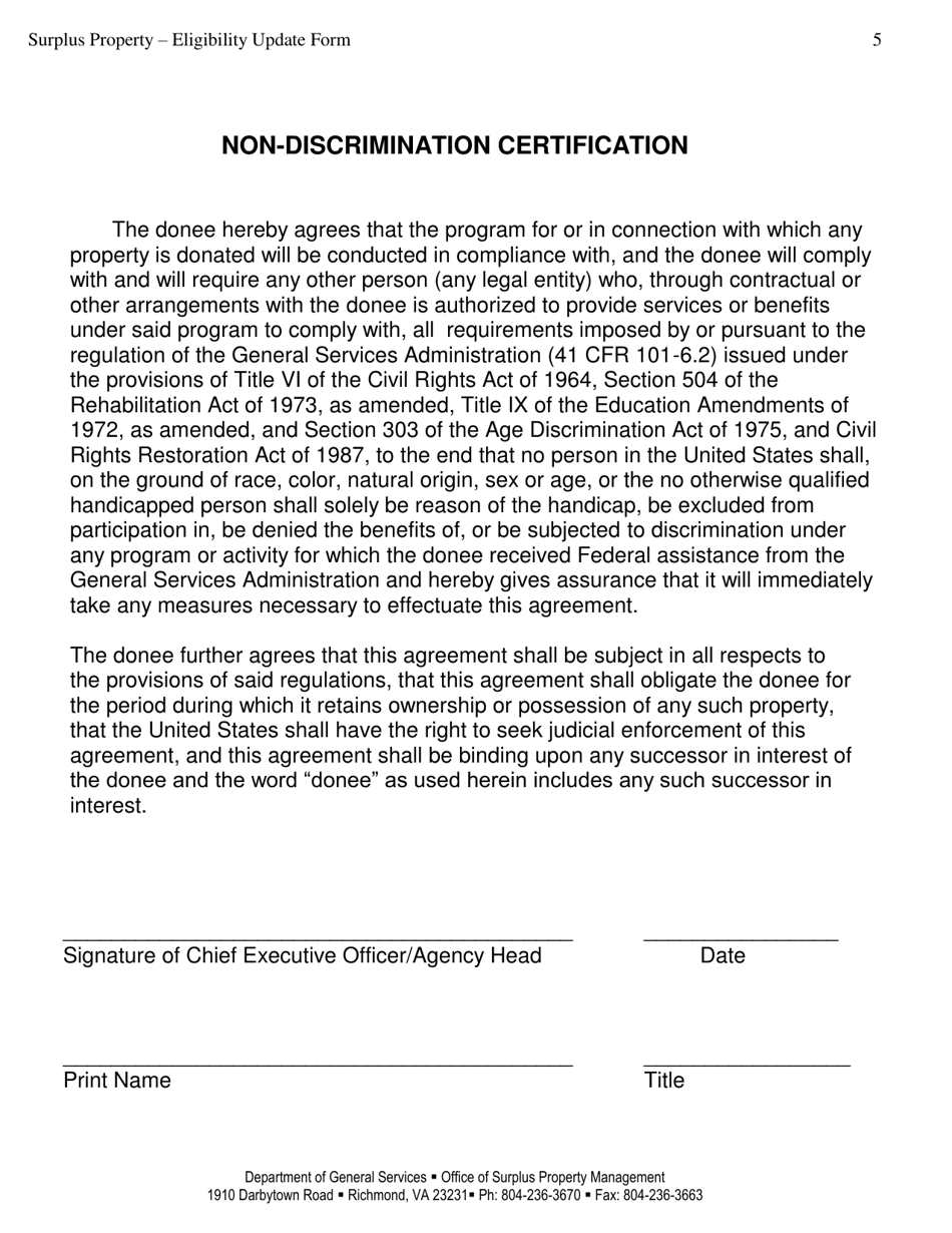 Surplus Property - Eligibility Update Form - Virginia, Page 5