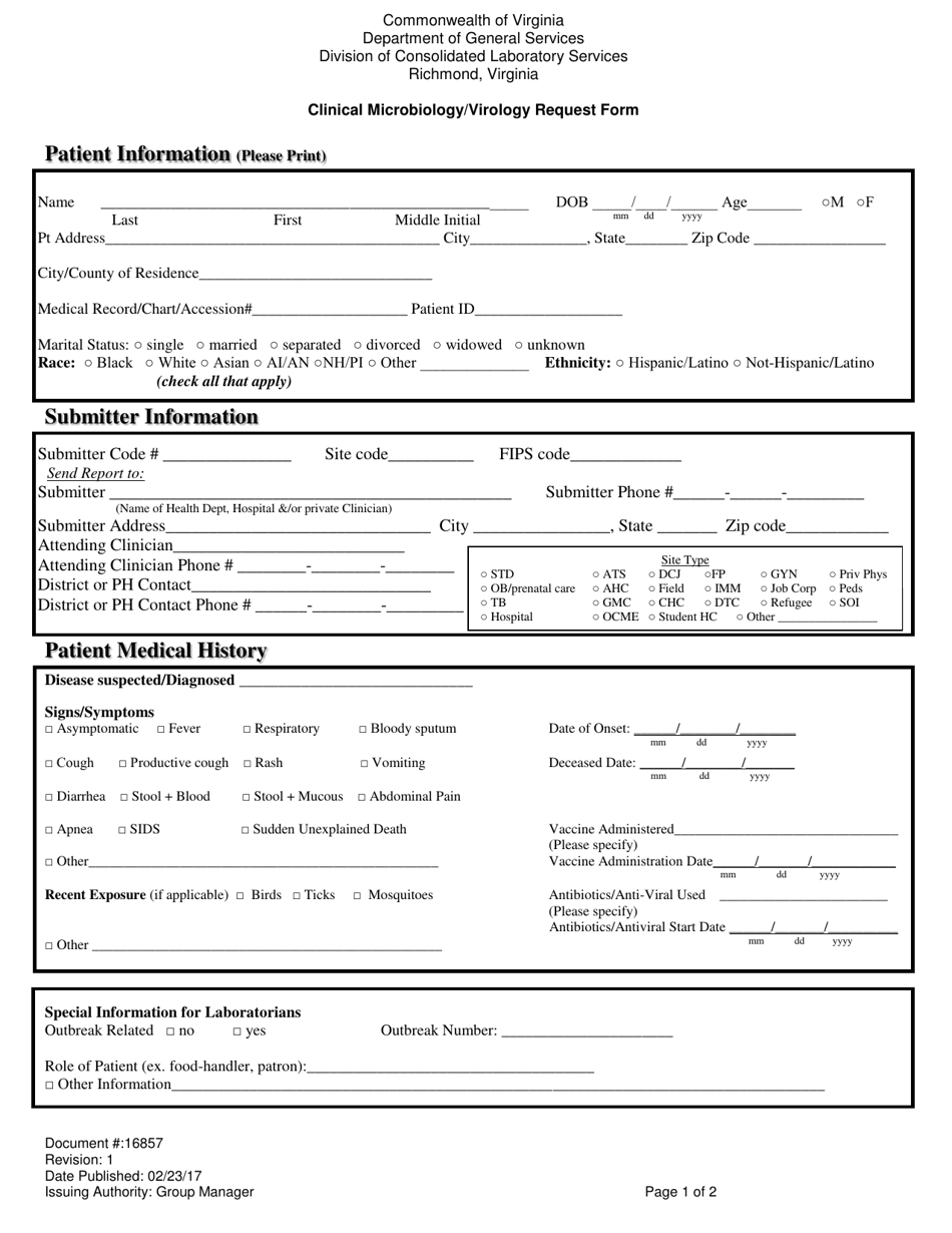 Form 16857 Clinical Microbiology / Virology Request Form - Virginia, Page 1