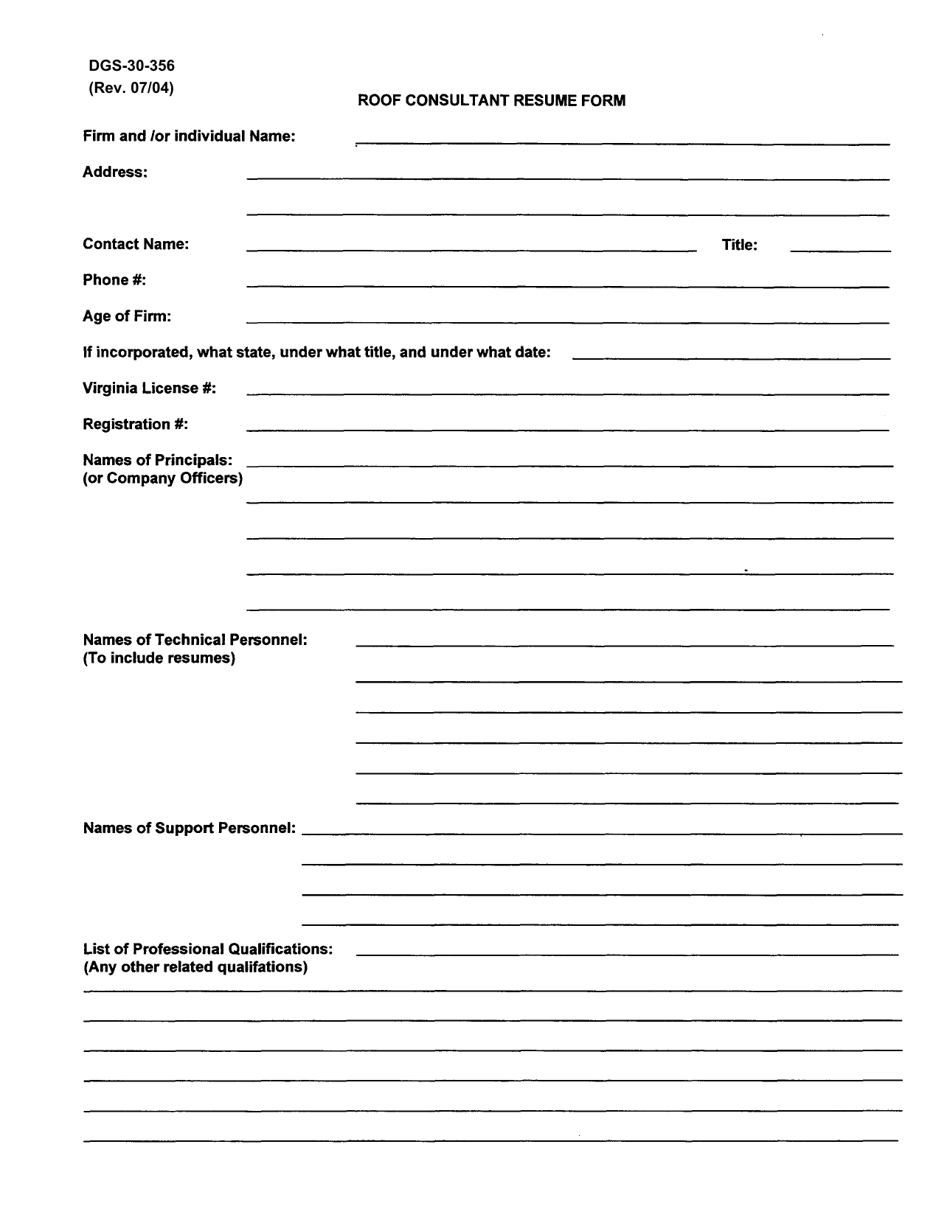 Form DGS-30-356 Roof Consultant Resume Form - Virginia, Page 1