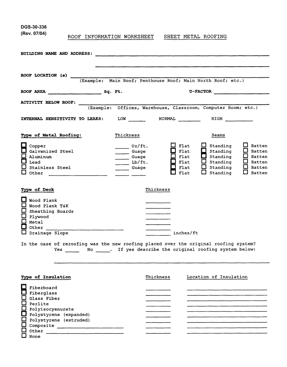Form DGS-30-336 Roof Information Worksheet - Sheet Metal Roofing - Virginia, Page 1