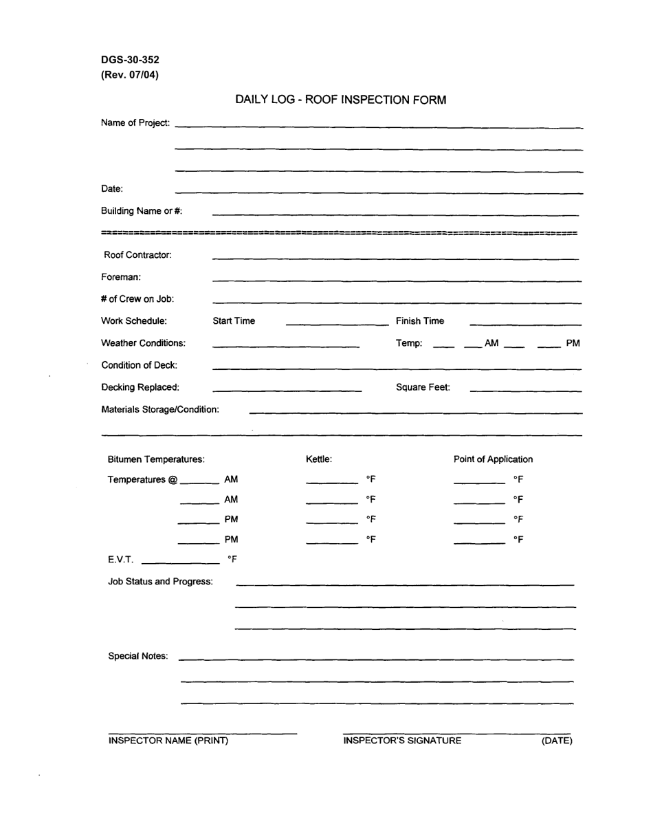 Form DGS-30-352 Daily Log - Roof Inspection Form - Virginia, Page 1