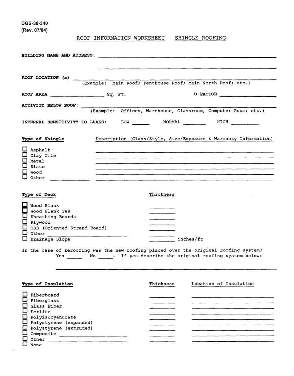 Form DGS-30-340 Roofing Information Worksheet - Shingle Roofing - Virginia, Page 1