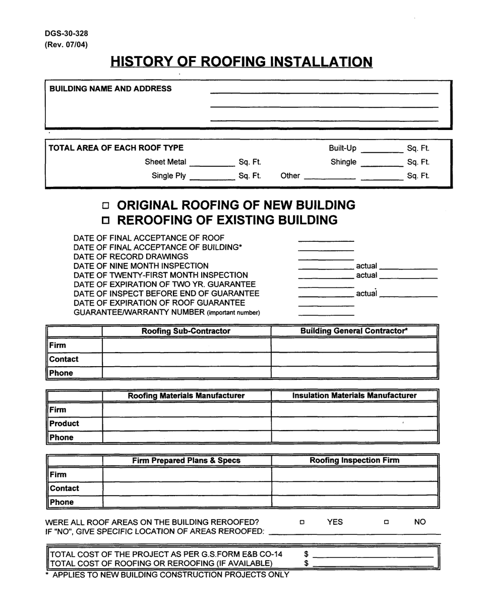 Form DGS-30-328 History of Roofing Installation - Virginia, Page 1