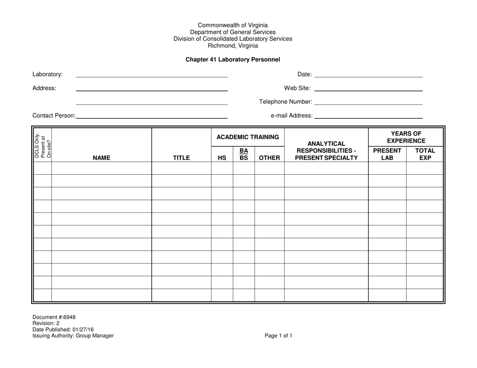 Form 6948 Laboratory Personnel - Virginia, Page 1