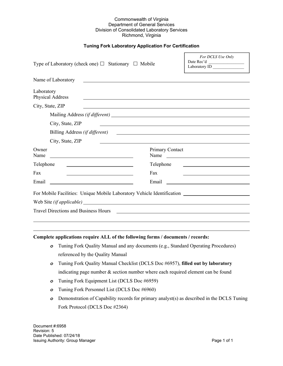 Form 6958 Tuning Fork Laboratory Application for Certification - Virginia, Page 1