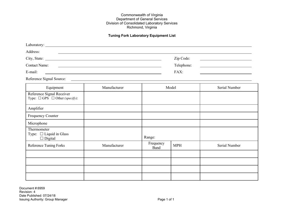 Form 6959 Tuning Fork Laboratory Equipment List - Virginia, Page 1