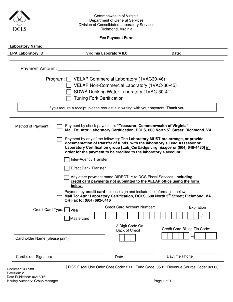 Form 6988 Fee Payment Form - Virginia, Page 1