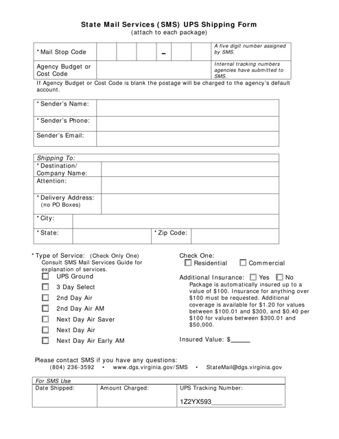 State Mail Services (Sms) Ups Shipping Form - Virginia Download Pdf
