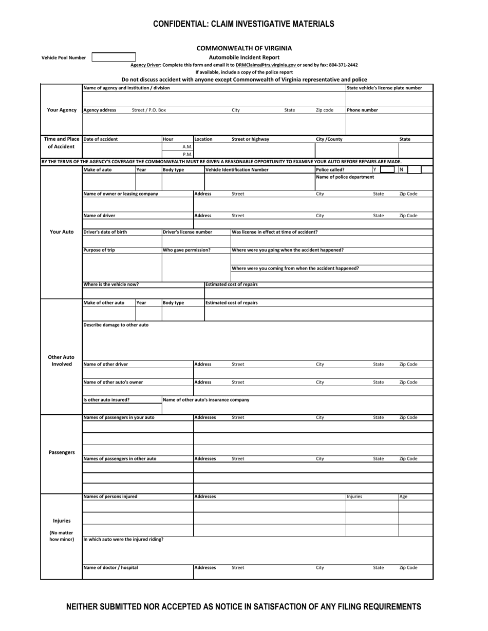 Automobile Incident Report Form - Virginia, Page 1