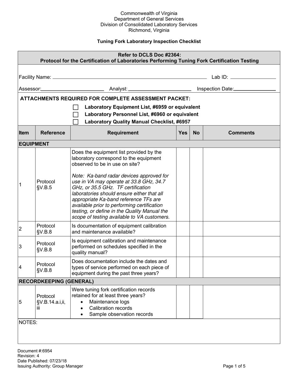 Form 6954 Tuning Fork Laboratory Inspection Checklist - Virginia, Page 1