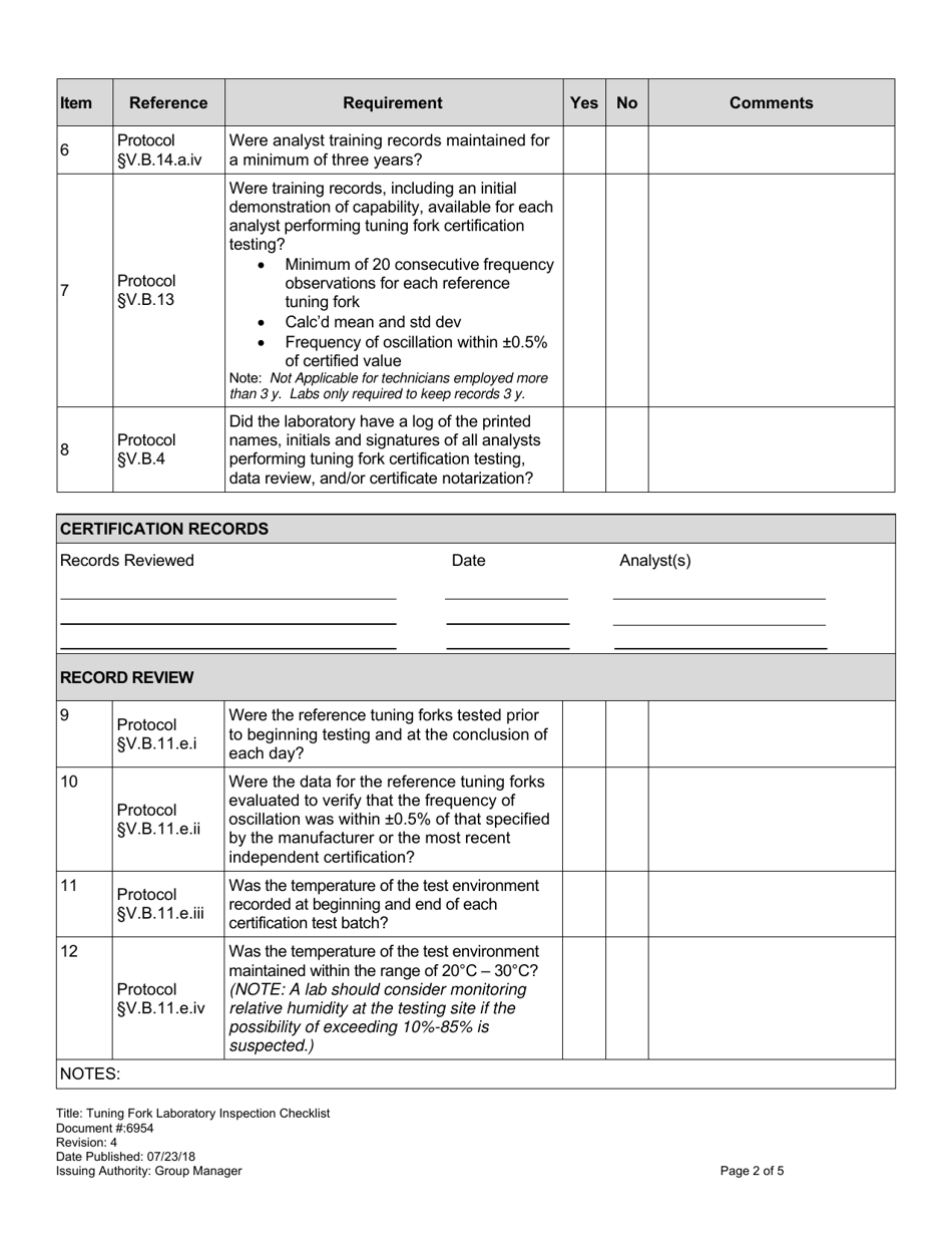 Form 6954 Tuning Fork Laboratory Inspection Checklist - Virginia, Page 2
