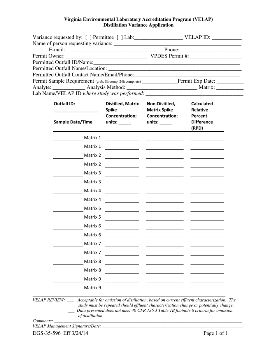 Form DGS-35-596 Virginia Environmental Laboratory Accreditation Program (Velap) Distillation Variance Application - Virginia, Page 1