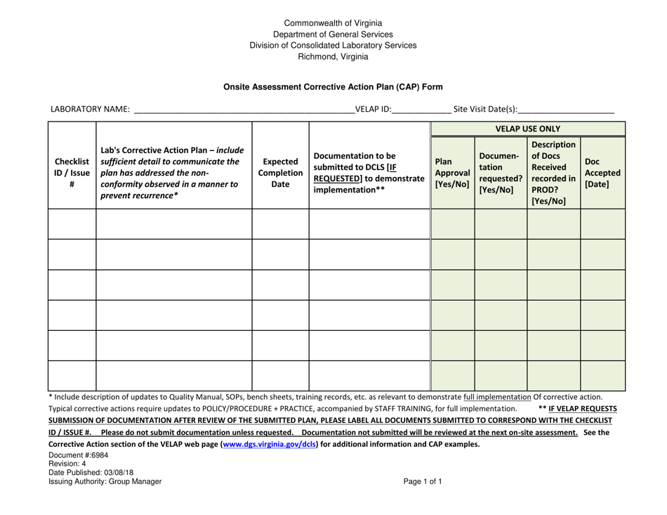 Form 6984 Onsite Assessment Corrective Action Plan (CAP) Form - Virginia, Page 1