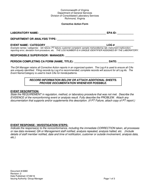 Form 6980 Corrective Action Form - Virginia