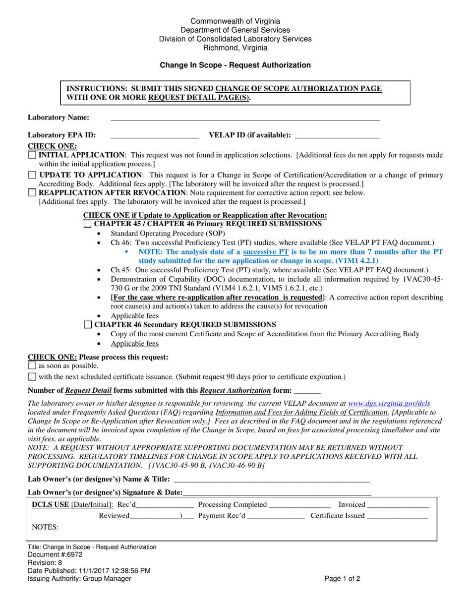 Form 6972 Change in Scope - Request Authorization - Virginia, Page 1