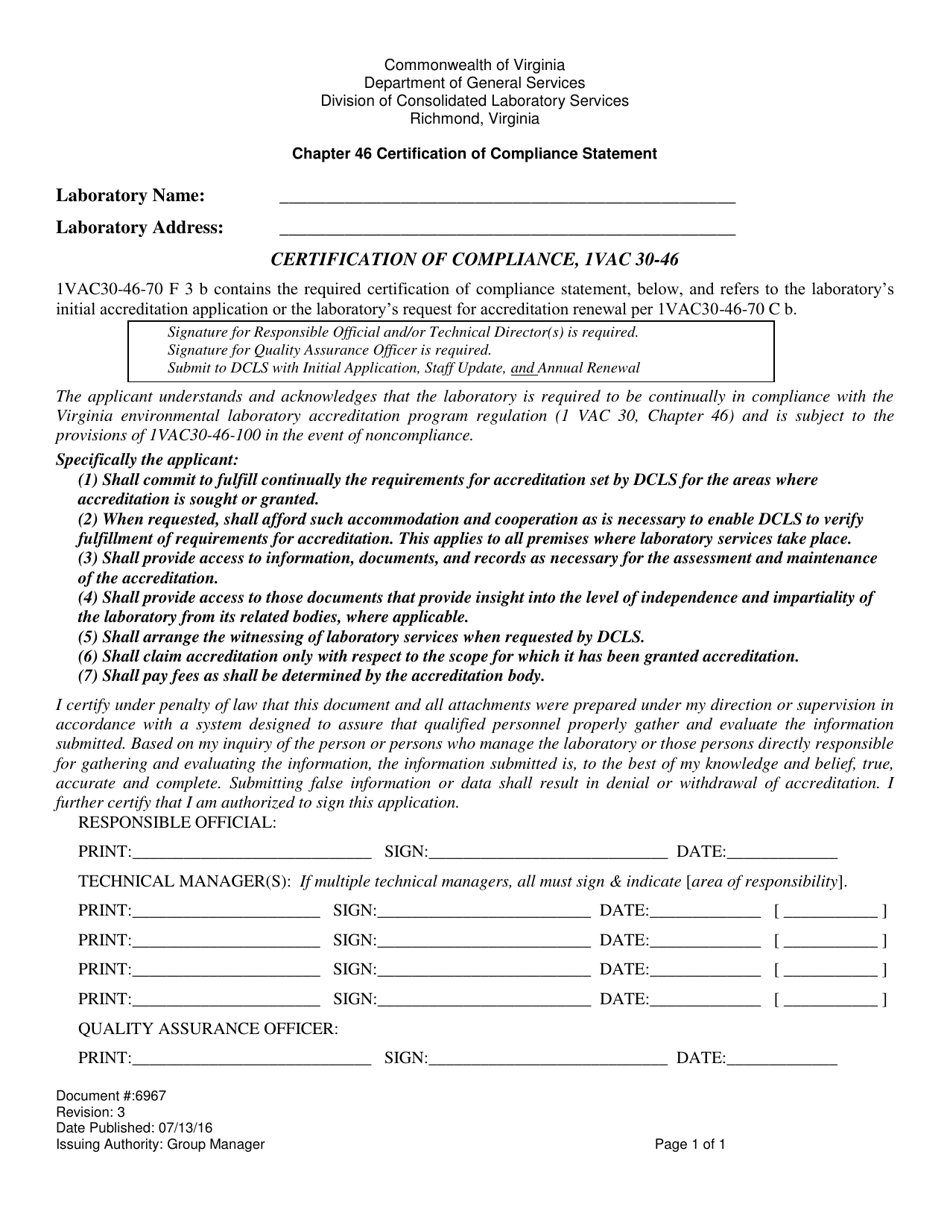Form 6967 Chapter 46 Certification of Compliance Statement - Virginia, Page 1