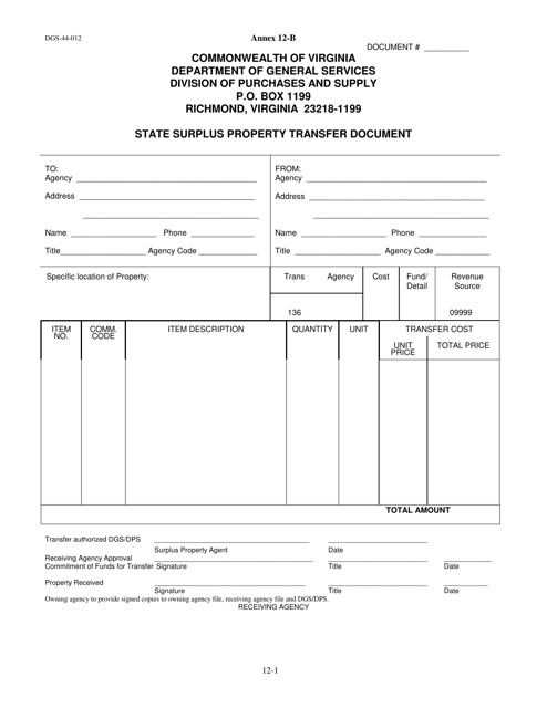 Form DGS-44-012 Annex 12-B State Surplus Property Transfer Document - Virginia