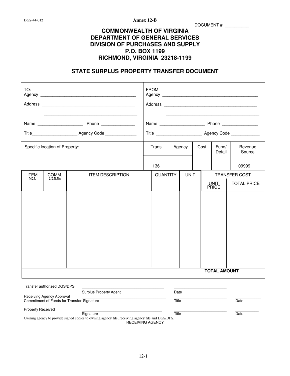 Form DGS-44-012 Annex 12-B State Surplus Property Transfer Document - Virginia, Page 1