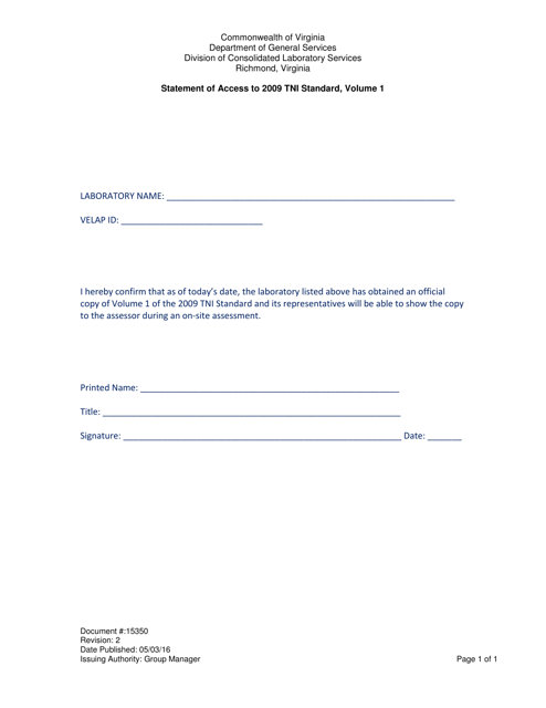 Form 15350 Statement of Access to 2009 Tni Standard, Volume 1 - Virginia