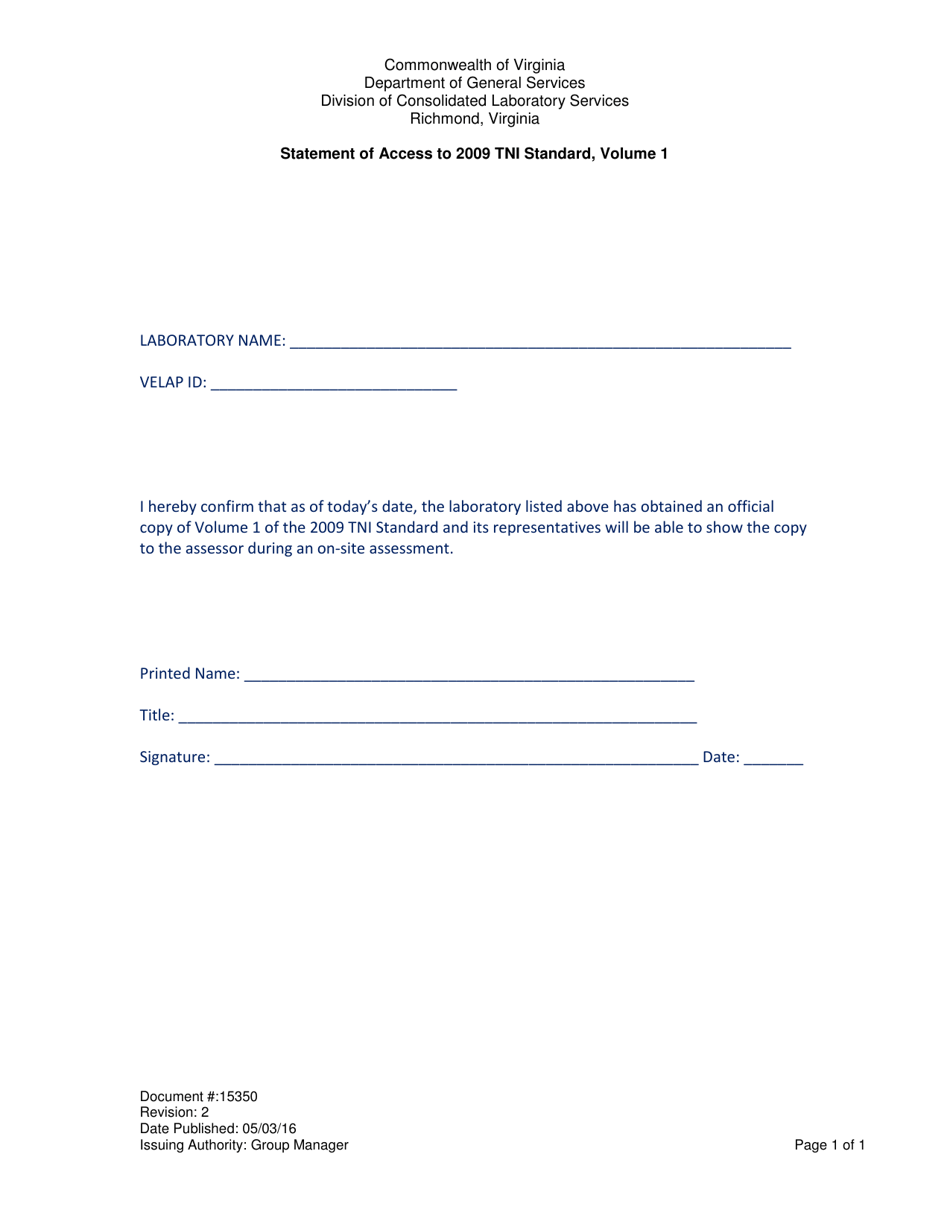 Form 15350 Statement of Access to 2009 Tni Standard, Volume 1 - Virginia, Page 1