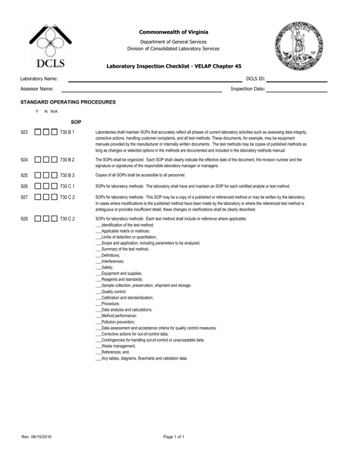 Laboratory Inspection Checklist - Velap Chapter 45 - Standard Operating Procedures - Virginia Download Pdf