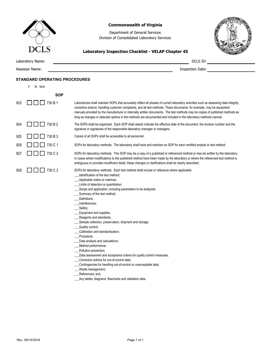 Laboratory Inspection Checklist - Velap Chapter 45 - Standard Operating Procedures - Virginia, Page 1