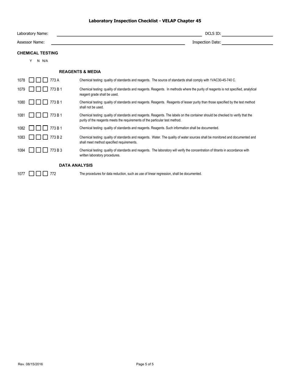 Virginia Laboratory Inspection Checklist Velap Chapter 45 Chemical