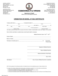 Document preview: Form CME-5 Cremation or Burial at Sea Certificate - Virginia