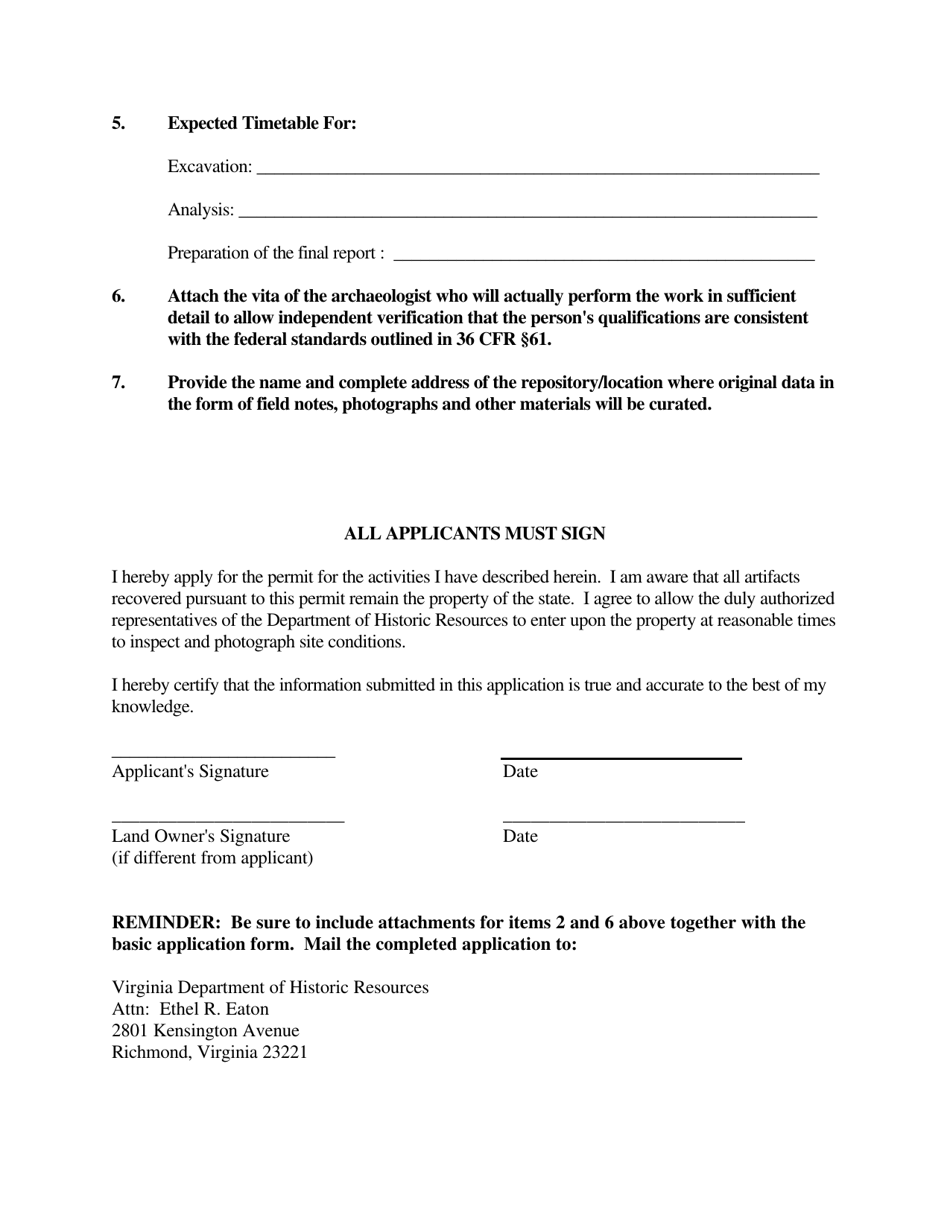 Application for Archeological Investigations on State Lands - Virginia, Page 3